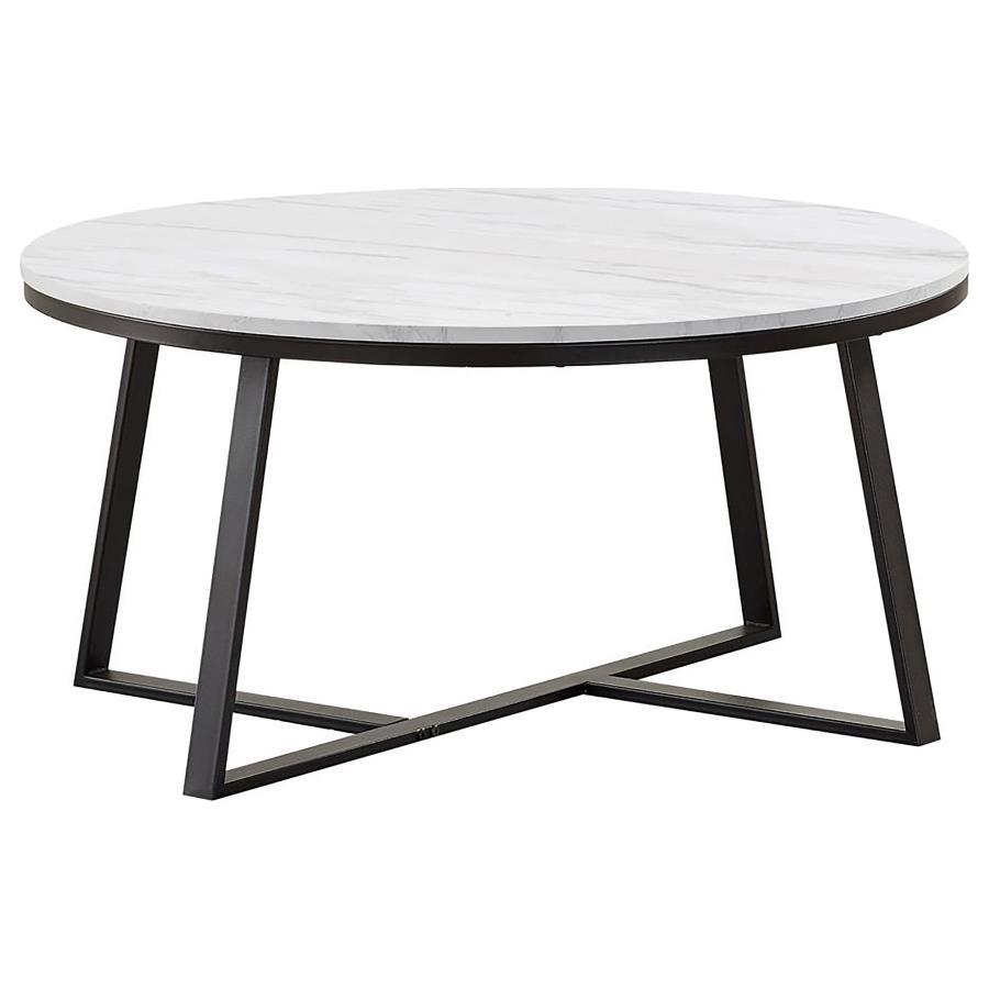 Hugo - Round Faux Marble Coffee Table - White And Matte Black by CoasterEveryday | Bel Furniture