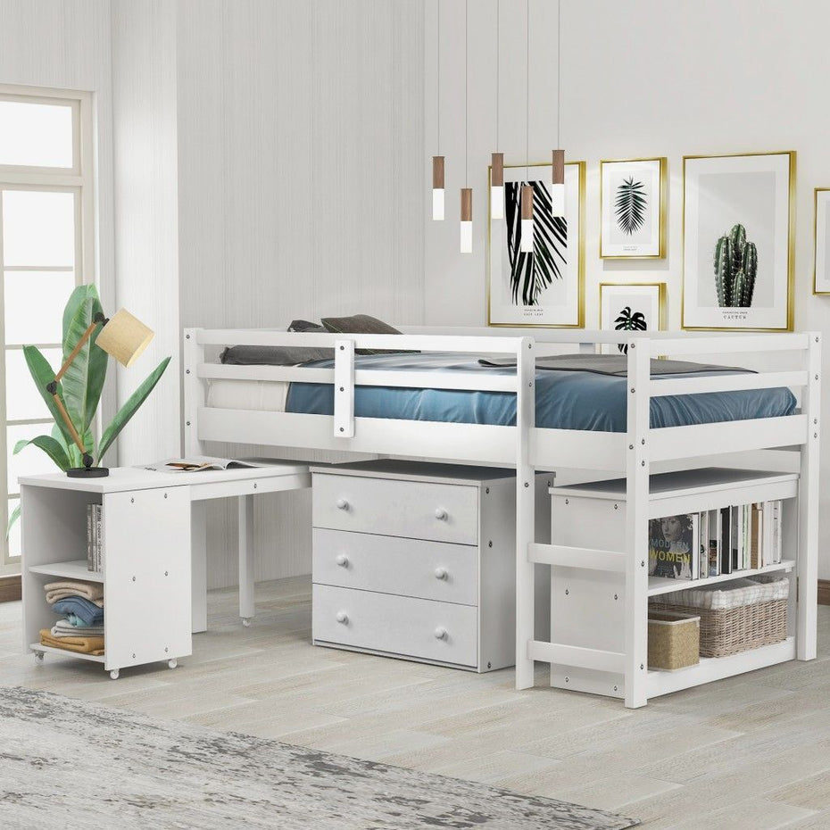 Low Twin Loft Bed With Cabinet and Desk - White