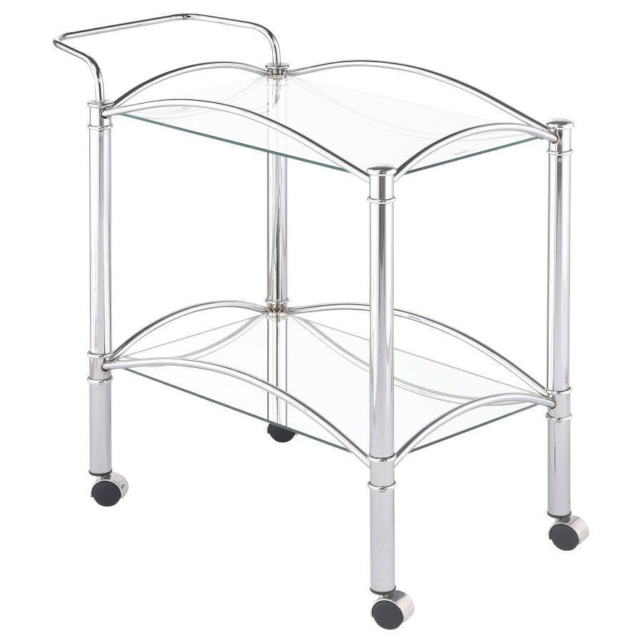 Shadix - 2-Tier Rectangular Glass Shelf Metal Bar Cart - Chrome by CoasterEveryday | Bel Furniture