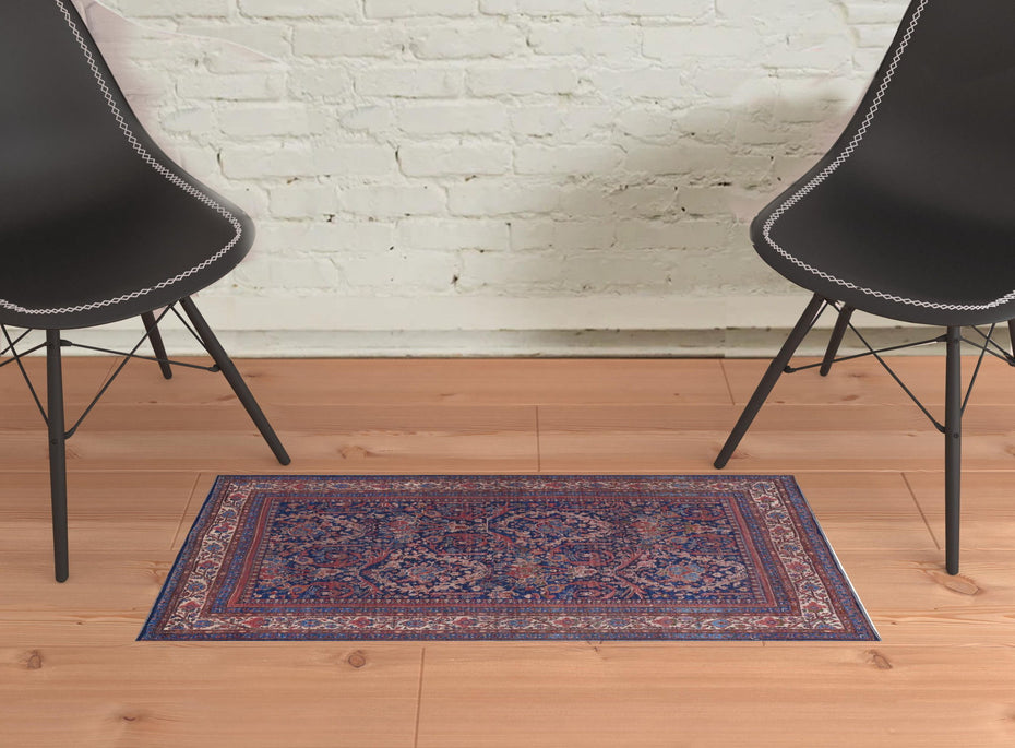 Floral Power Loom Area Rug - Red Blue And Tan - 2' X 3'