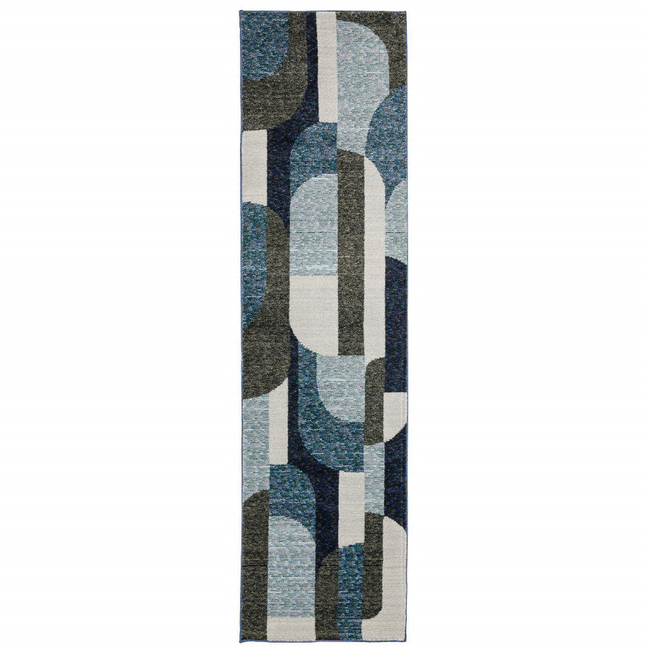 Geometric Power Loom Stain Resistant Runner Rug - Blue Grey Charcoal And Purple - 2' X 8'
