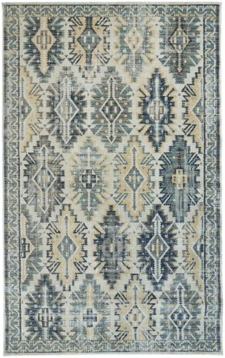 Abstract Power Loom Distressed Stain Resistant Area Rug - Green Blue And Ivory - 2' X 3'