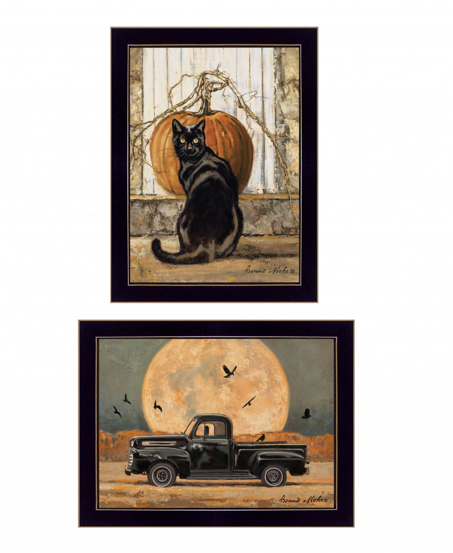 Harvest Moon With A Black Cat And Truck 3 Framed Print Wall Art (Set of 2) - Black