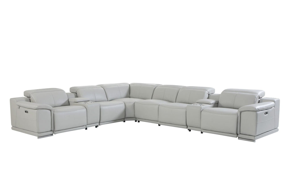 Italian Leather Power Recline L Shape Eight Piece Corner Sectional With Console - Light Gray