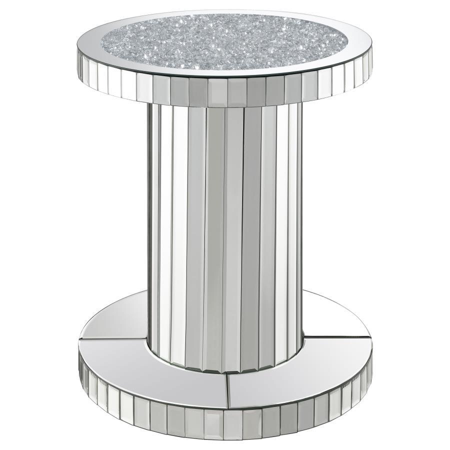 Dorielle - Round Mirrored Acrylic Crystal Side Table - Silver by CoasterElevations | Bel Furniture