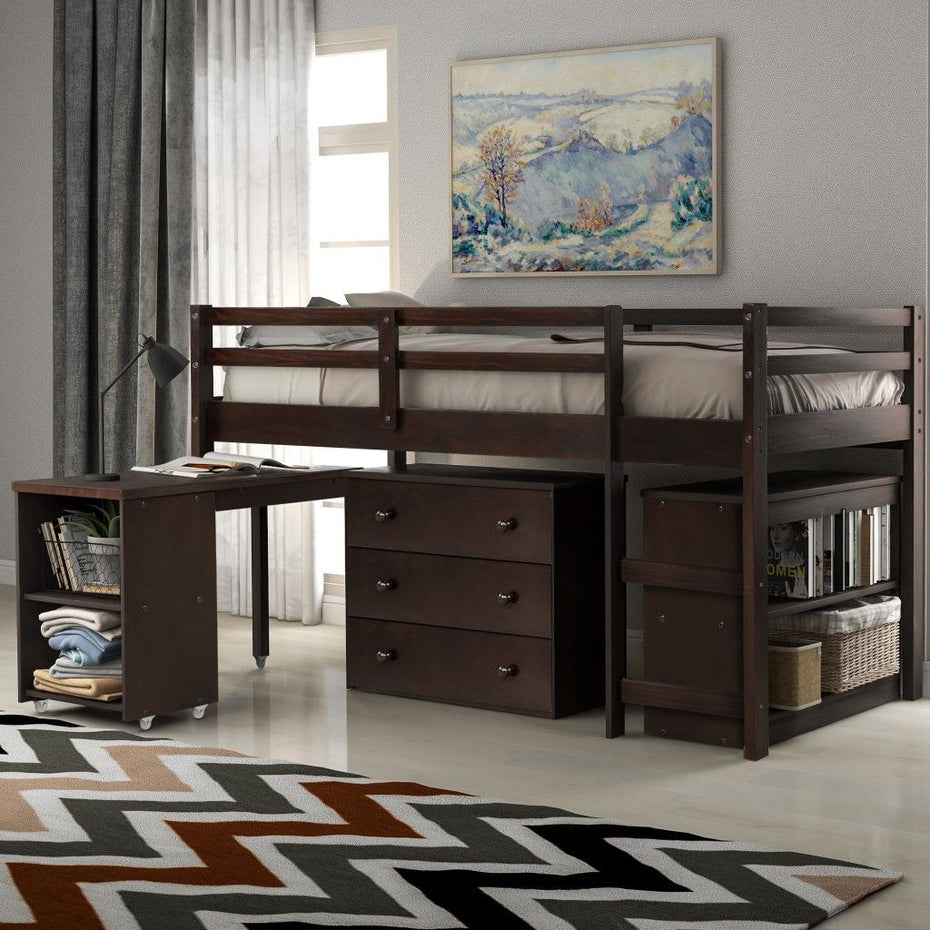Low Twin Loft Bed With Cabinet and Desk - Brown