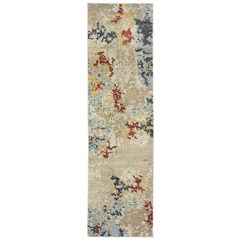 Abstract Power Loom Stain Resistant Runner Rug - Beige And Blue - 2' X 8'
