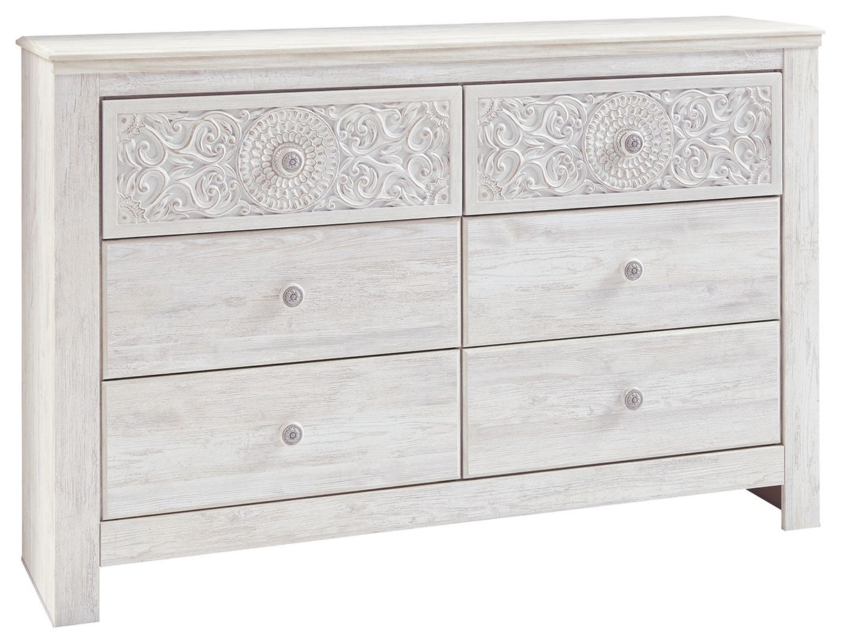 Paxberry - Whitewash - Six Drawer Dresser - Medallion Drawer Pulls by Signature Design by Ashley® | Bel Furniture