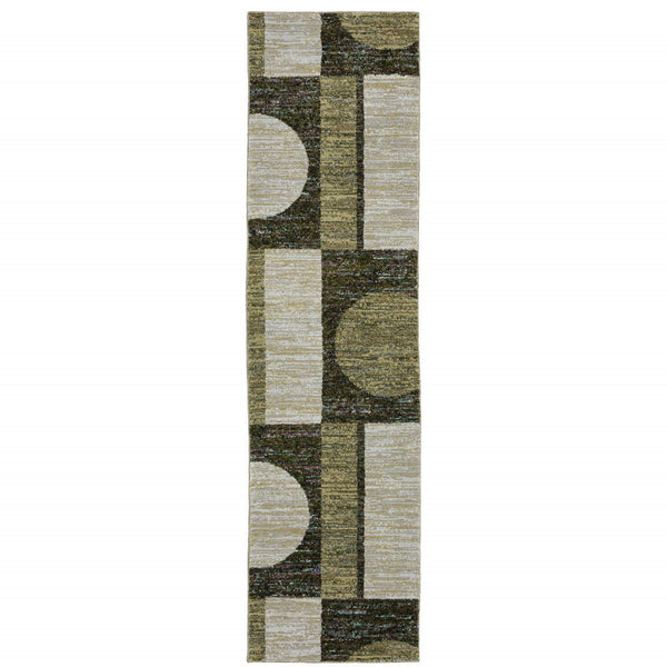 Geometric Power Loom Stain Resistant Runner Rug - Gold Green Charcoal Teal Blue Purple Grey And Beige - 2' X 8'