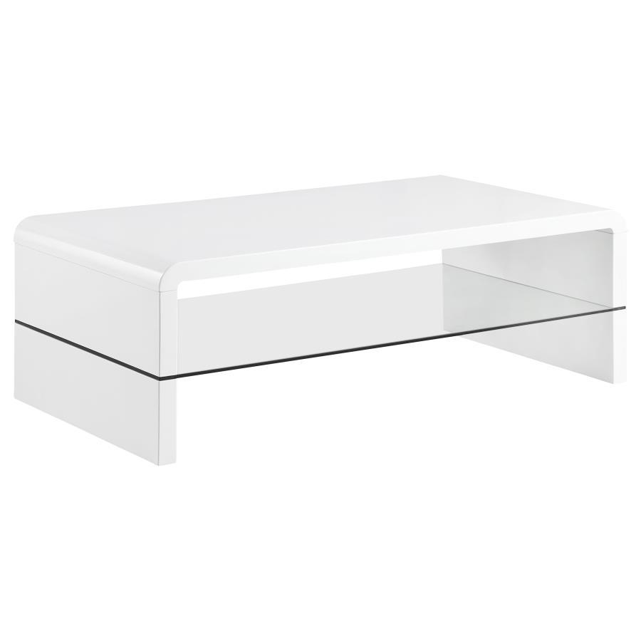 Airell - Rectangular Coffee Table With Shelf - White High Gloss by CoasterEssence | Bel Furniture