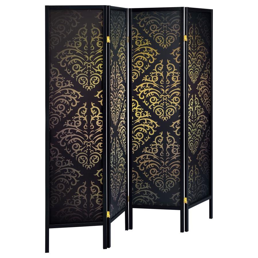 Haidera - 4-Panel Room Divider Folding Screen - Black Damask by CoasterEveryday | Bel Furniture