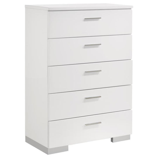 Felicity - 5-Drawer Bedroom Chest - White High Gloss by CoasterEssence | Bel Furniture