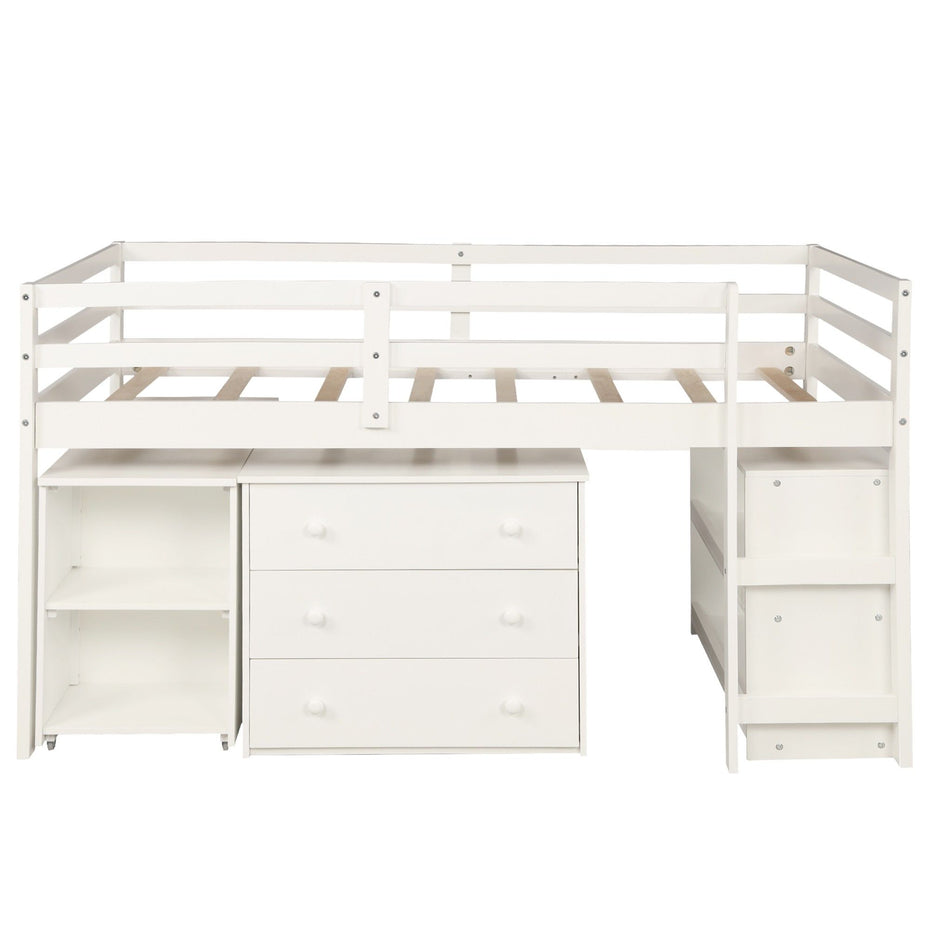 Low Twin Loft Bed With Cabinet and Desk - White