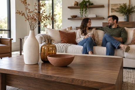 Three accessories in different heights on a wood coffee table, with a couple relaxing on a cream sofa