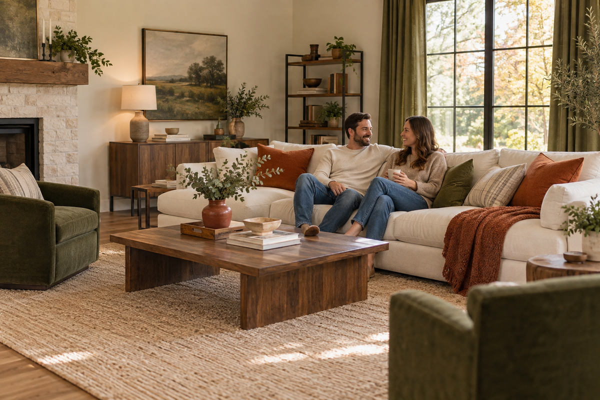 Couple in a living room with a cream sofa, olive green chairs and curtains, and rust accent pillows