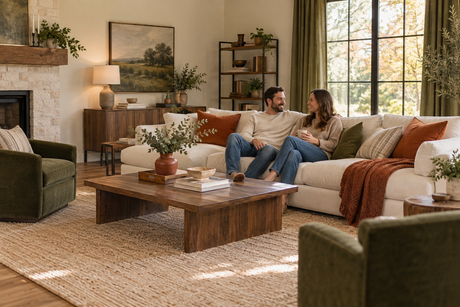 Couple in a living room with a cream sofa, olive green chairs and curtains, and rust accent pillows