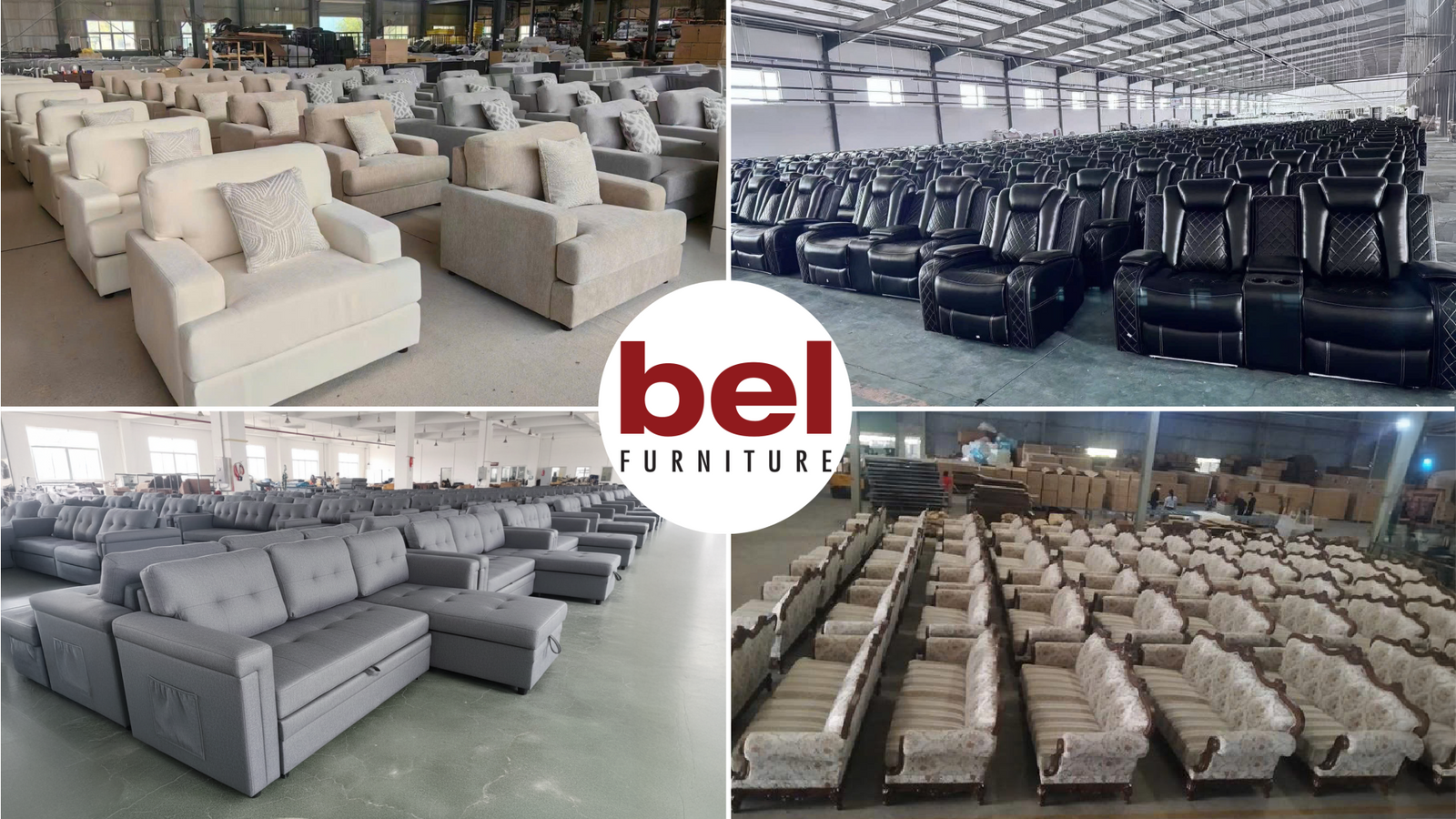 Bel Furniture factory floors with rows of upholstered chairs, sofas and reclining furniture