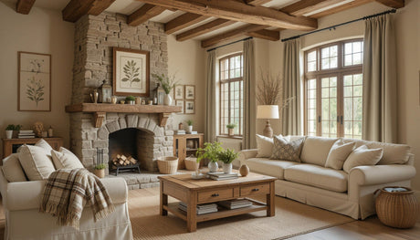 Cozy rustic living room with stone fireplace, exposed wooden ceiling beams, cream sofas, wooden coffee table, and natural décor accents.