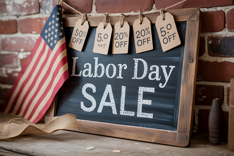 Chalkboard styled ‘Labor Day SALE’ signage with patriotic décor highlighting Bel Furniture savings event