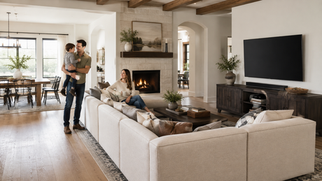 A family enjoying a sectional arranged for a TV, fireplace and open floor plan