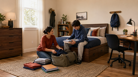 Parent and college-bound teenager organizing clothes and school supplies in a functional bedroom