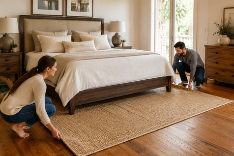 Couple positioning an area rug beneath a queen bed