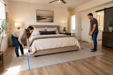 Couple measuring a bedroom to compare full, queen and king bed sizes