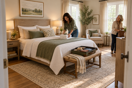 Host welcoming a guest into a calm bedroom with a queen bed and bedside furniture