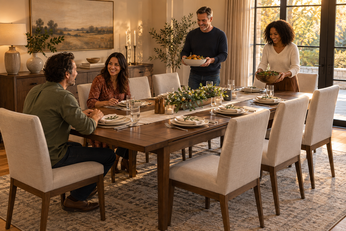 Family gathering around an extended dining table in a warm Texas dining room