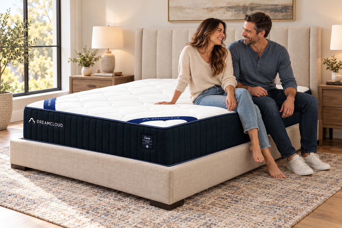 Couple comparing comfort on a DreamCloud Classic Hybrid mattress in a bright contemporary bedroom
