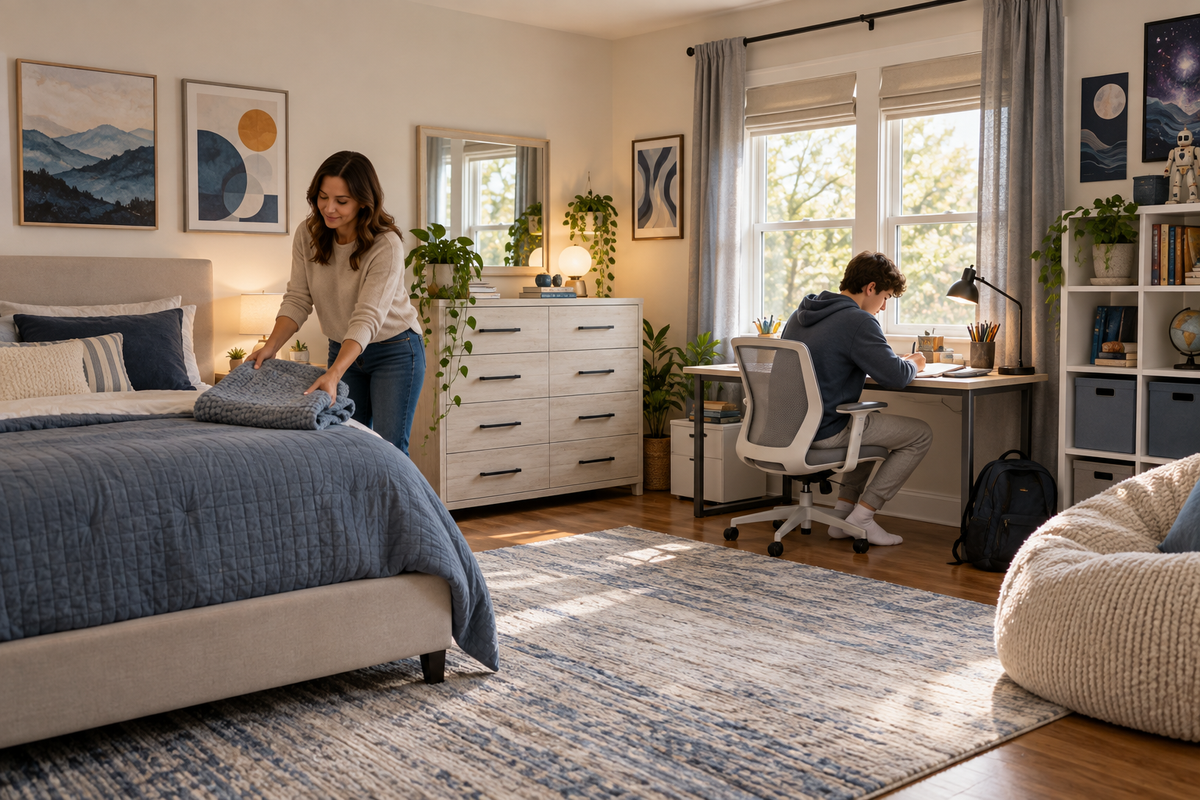 Teen studying in an organized bedroom with a full bed, desk and storage