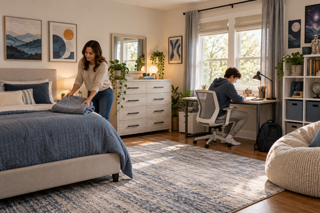 Teen studying in an organized bedroom with a full bed, desk and storage