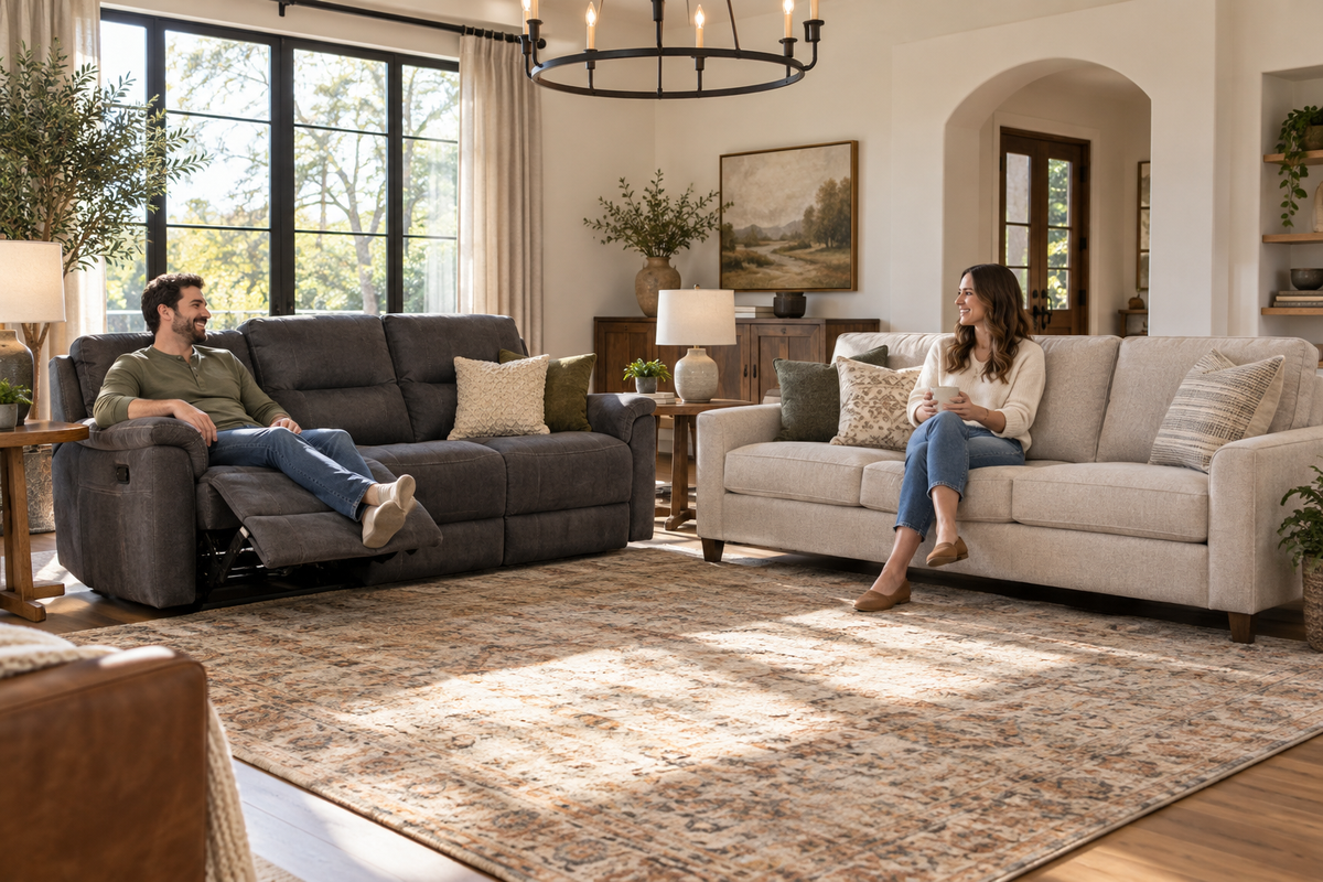 Couple comparing a reclining sofa with an extended footrest and a stationary sofa in a bright living room