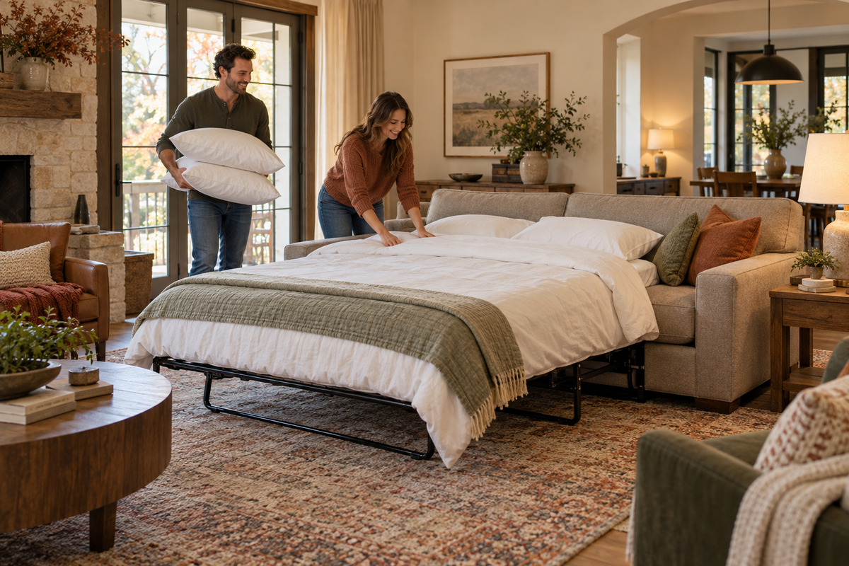 Family preparing an open sleeper sofa for overnight guests in a warm living room