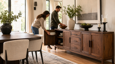 A couple organizing dinnerware in a dining room sideboard
