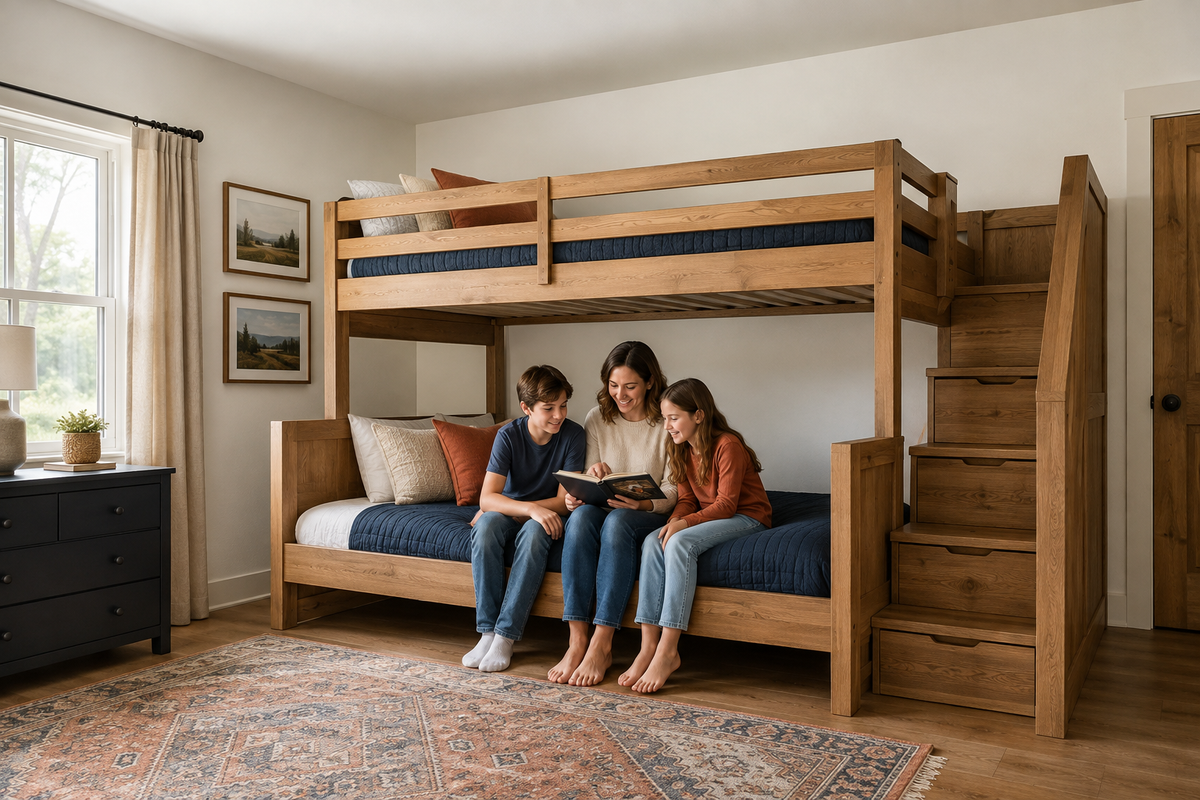 Parent and two school-age children sitting safely on the lower bunk of a wood stairway bunk bed