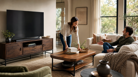 A couple styling a coordinated coffee table and TV stand