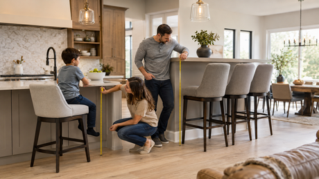 A family measuring counters to choose the correct stool height