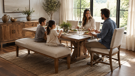 A family using a dining bench and coordinating chairs
