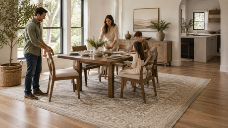 A family dining around a table on a properly sized area rug