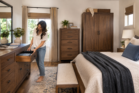 Woman organizing clothing with a dresser, chest of drawers and armoire