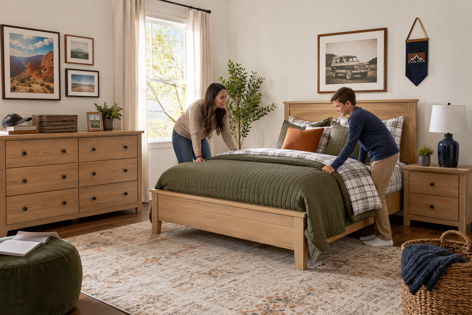 Parent and school-age child making a full bed in a coordinated neutral bedroom set