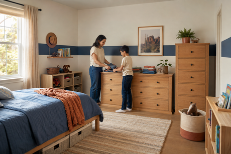 Parent and school-age child organizing clothing in a kids bedroom with dresser, chest and under-bed storage