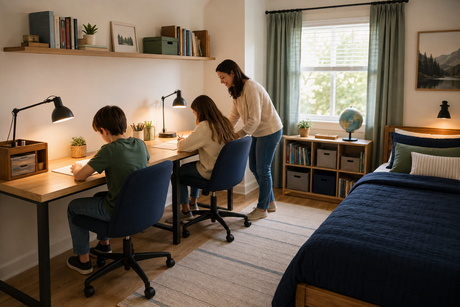 Parent helping two school-age children at a shared homework desk in a small bedroom