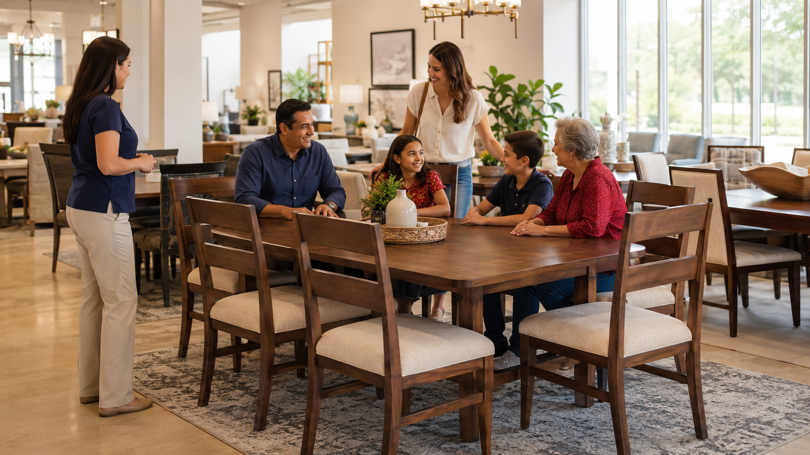 A multigenerational family shopping for a dining room set in Texas