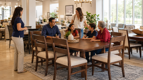 A multigenerational family shopping for a dining room set in Texas