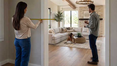 A family measuring a doorway and delivery path for a sectional sofa