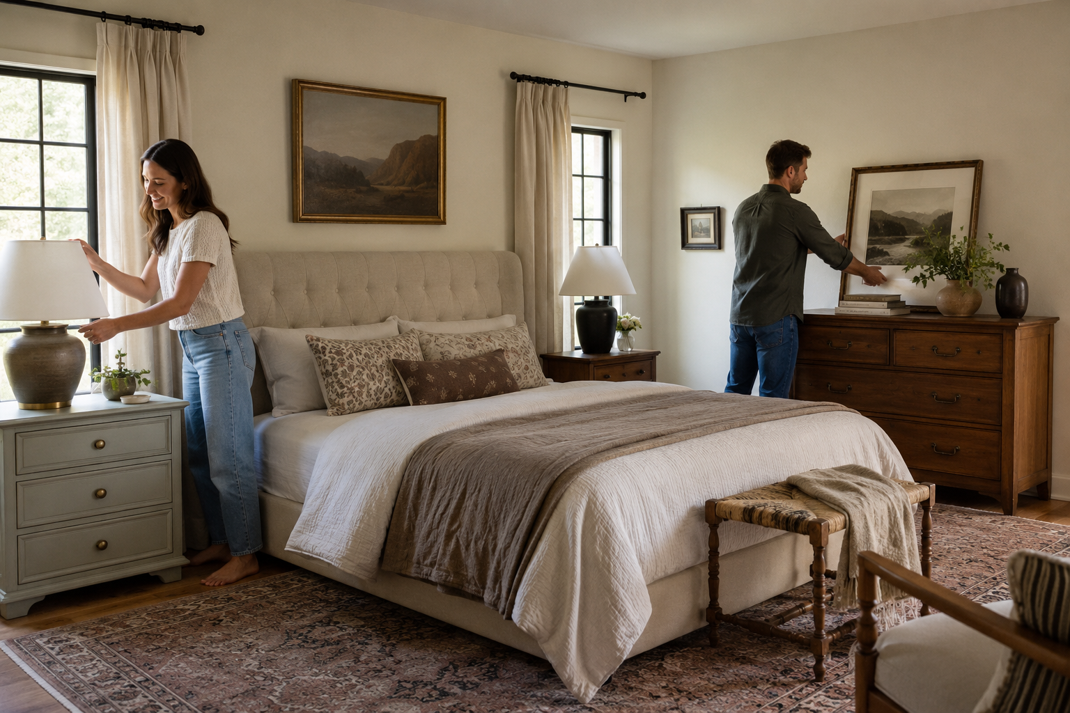 Couple styling a bedroom with intentionally mixed furniture