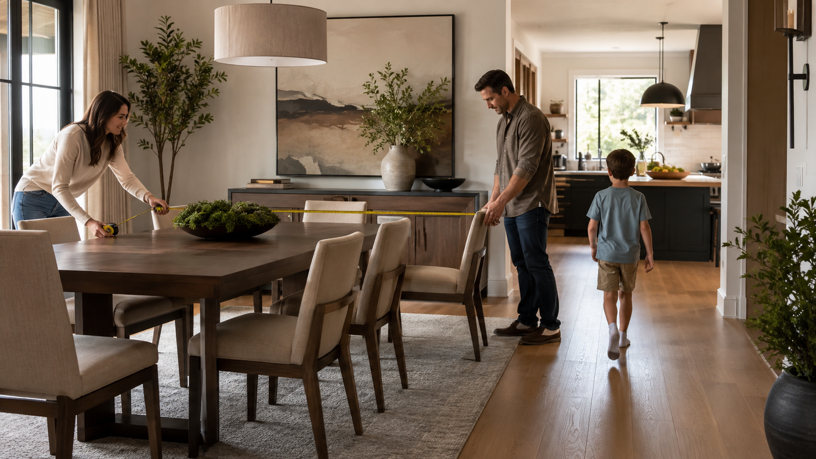 A family measuring circulation space around a dining table