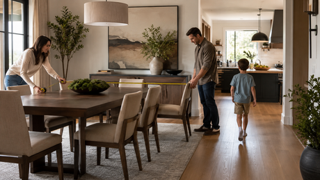 A family measuring circulation space around a dining table